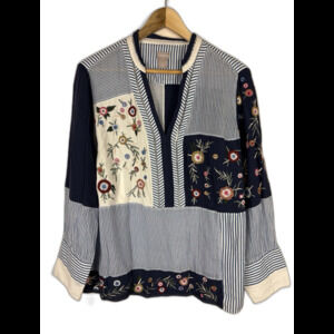 Chico's Embroidered Patchwork Popover Blouse Boho Floral Women’s Size XL